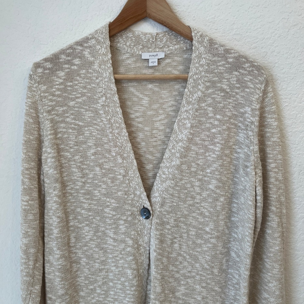 J Jill Purejill Long Cardigan Sweater Duster S One Button Oatmeal Marl Cotton - Picture 8 of 12
